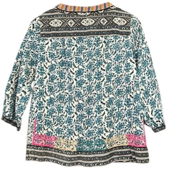 John Mark Boho Embroidered Floral 3/4 Sleeve Peasant Tunic Top Turquoise Small - Picture 2 of 15